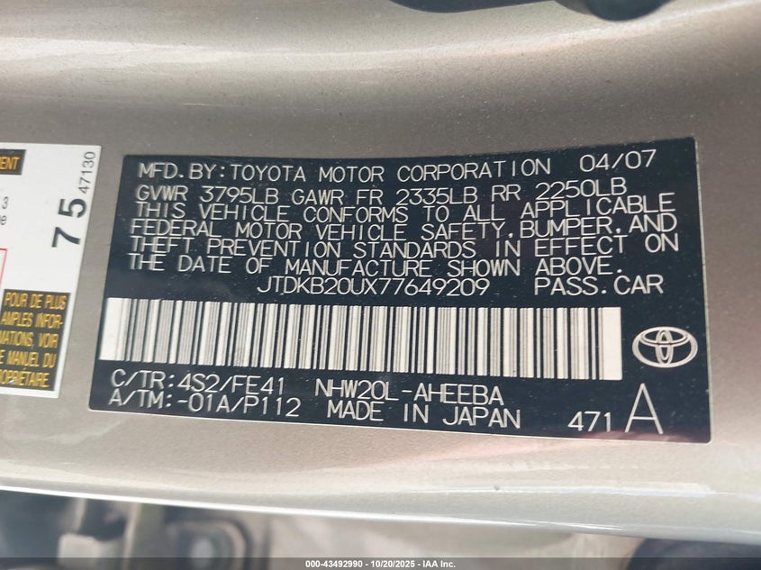JTDKB20UX77649209 2007 TOYOTA PRIUS photo no. 9