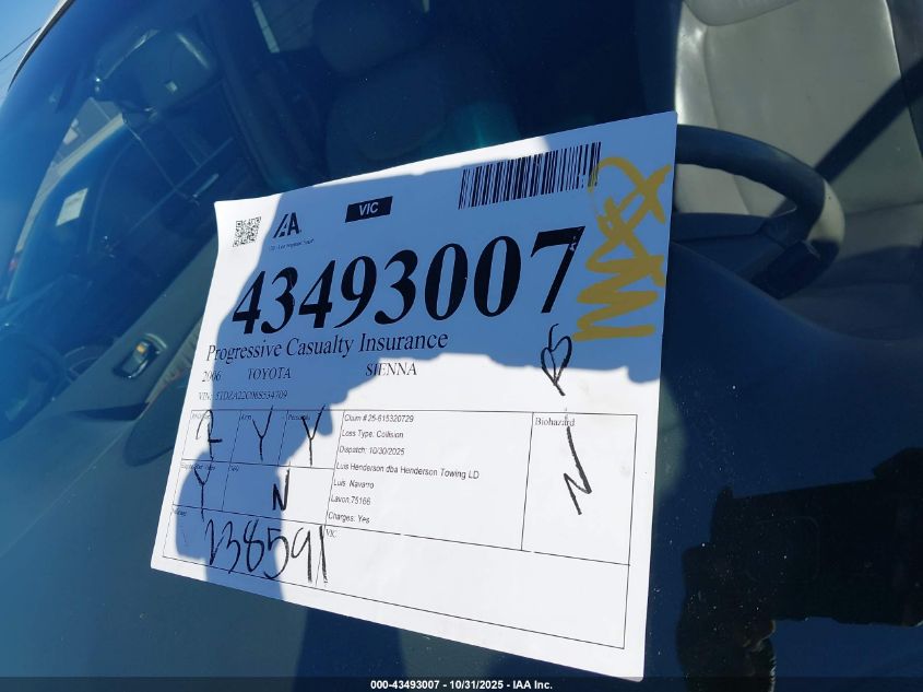 2006 Toyota Sienna Xle VIN: 5TDZA22C06S534709 Lot: 43493007