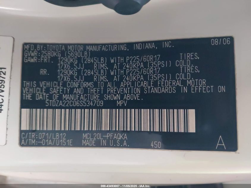 2006 Toyota Sienna Xle VIN: 5TDZA22C06S534709 Lot: 43493007