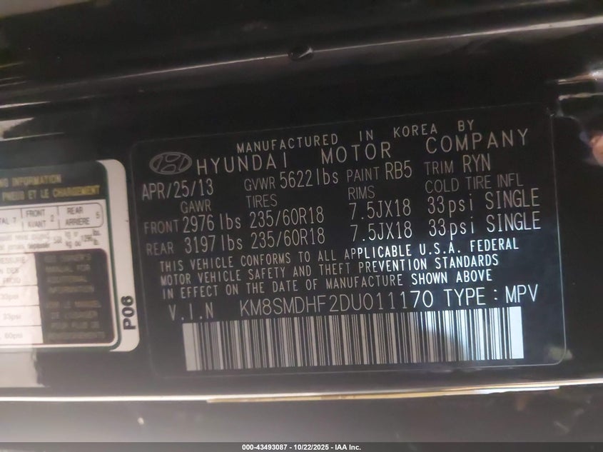 2013 HYUNDAI SANTA FE GLS KM8SMDHF2DU011170