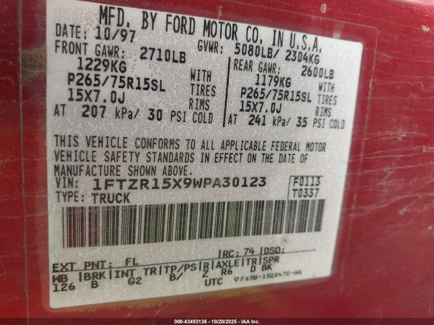 1998 Ford Ranger Splash/Xl/Xlt VIN: 1FTZR15X9WPA30123 Lot: 43493136