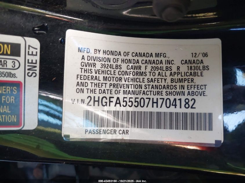 2007 Honda Civic Si VIN: 2HGFA55507H704182 Lot: 43493158