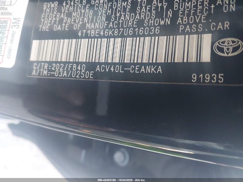 2007 Toyota Camry Le VIN: 4T1BE46K87U616036 Lot: 43493188