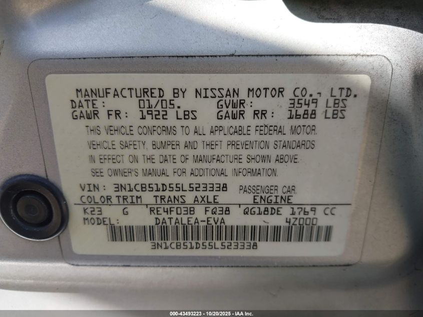 2005 Nissan Sentra 1.8S VIN: 3N1CB51D55L523338 Lot: 43493223