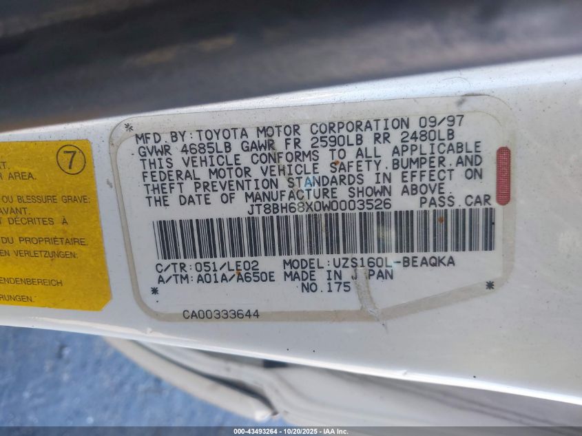 1998 Lexus Gs 400 VIN: JT8BH68X0W0003526 Lot: 43493264