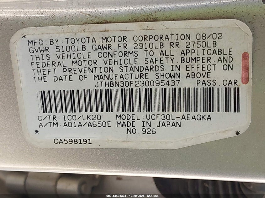 JTHBN30F230095437 2003 LEXUS LS photo no. 9