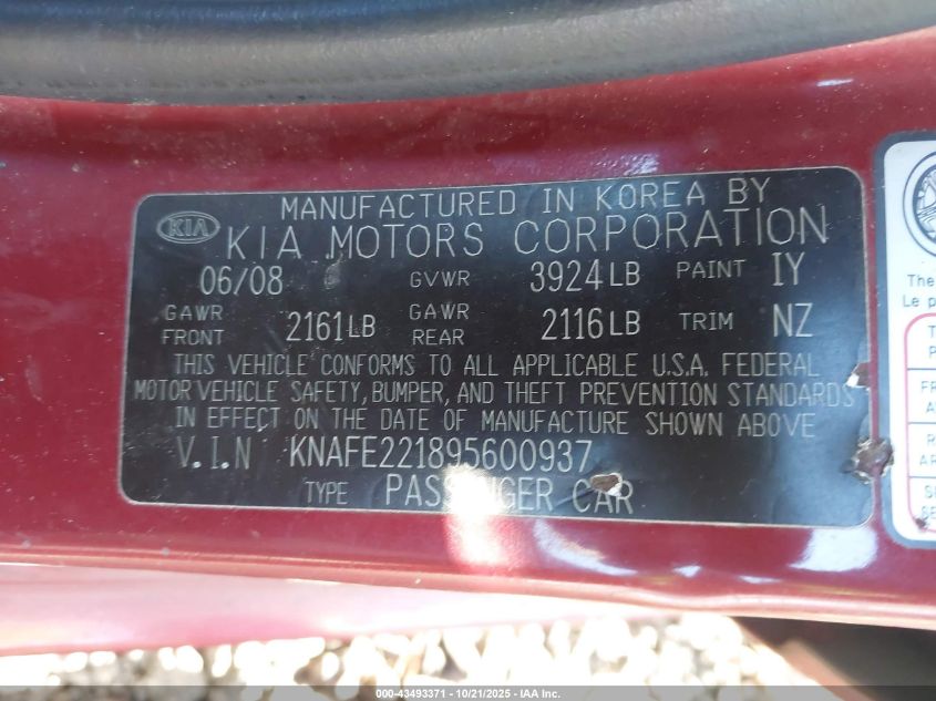 2009 Kia Spectra Ex VIN: KNAFE221895600937 Lot: 43493371