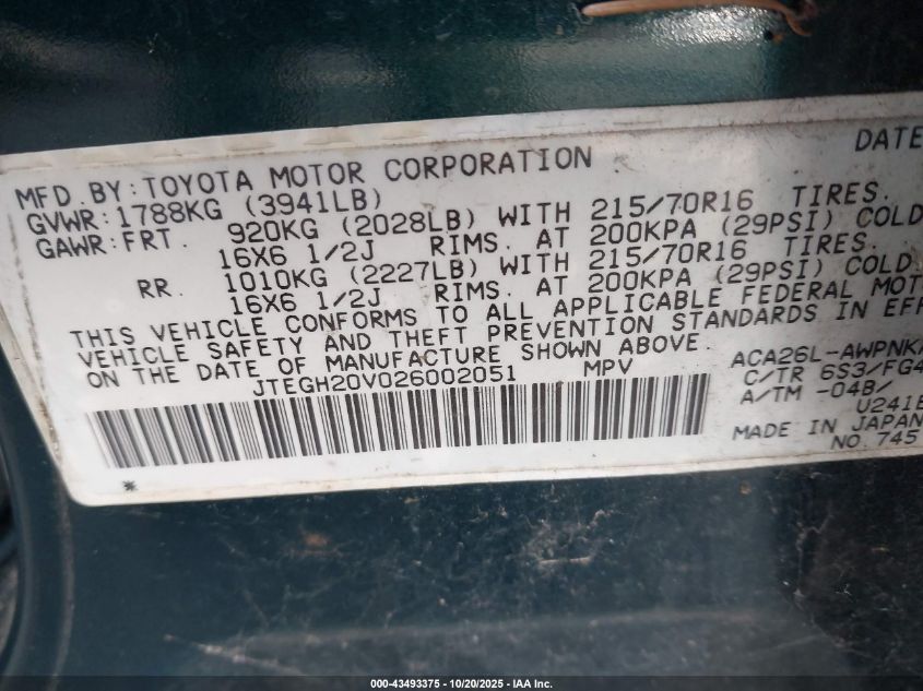 2002 Toyota Rav4 VIN: JTEGH20V026002051 Lot: 43493375