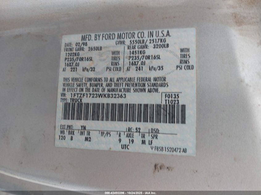 1998 Ford F-150 Standard/Xl/Xlt VIN: 1FTZF1723WKB32363 Lot: 43493396