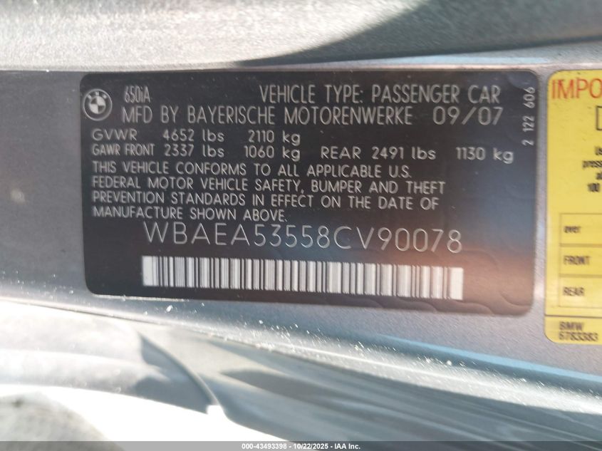 2008 BMW 650I VIN: WBAEA53558CV90078 Lot: 43493398