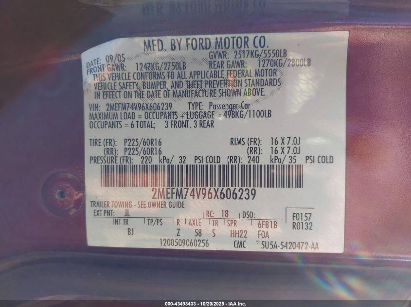 2006 Mercury Grand Marquis Gs VIN: 2MEFM74V96X606239 Lot: 43493433