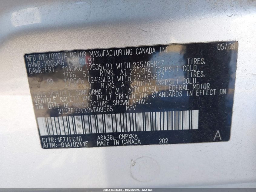 2009 Toyota Rav4 VIN: 2T3ZF33VX9W008565 Lot: 43493448