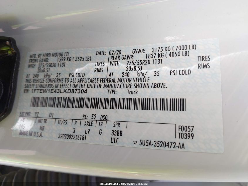 2020 Ford F-150 Lariat VIN: 1FTEW1E43LKD87304 Lot: 43493451