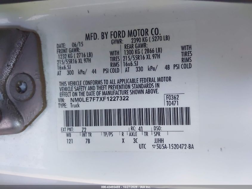 2015 Ford Transit Connect Xlt VIN: NM0LE7F7XF1227322 Lot: 43493459