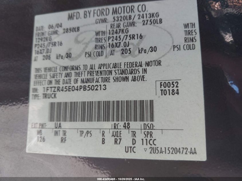 2004 Ford Ranger Edge/Tremor/Xlt VIN: 1FTZR45E04PB50213 Lot: 43493465