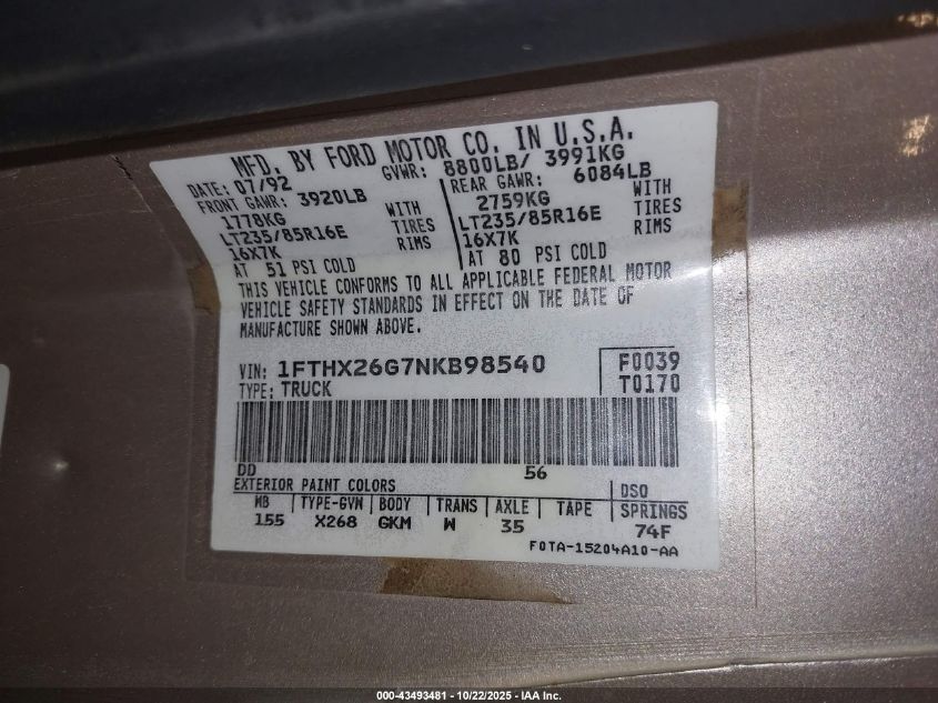 1992 Ford F250 VIN: 1FTHX26G7NKB98540 Lot: 43493481