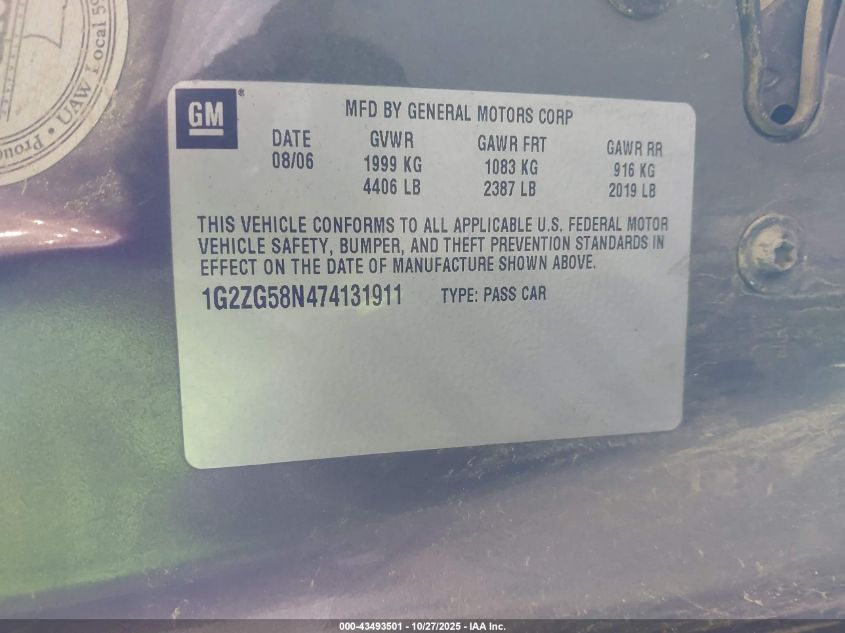 2007 Pontiac G6 VIN: 1G2ZG58N474131911 Lot: 43493501