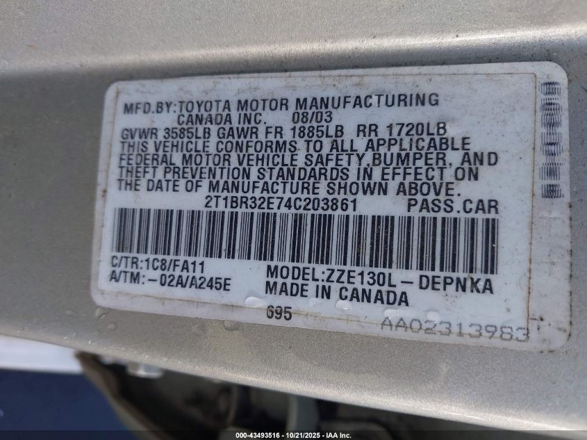 2004 Toyota Corolla Le VIN: 2T1BR32E74C203861 Lot: 43493516