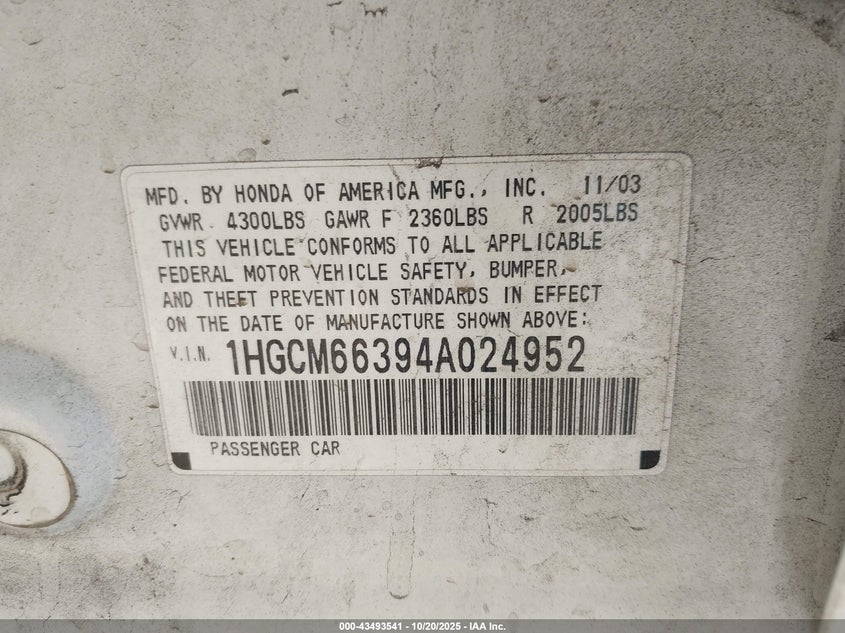 1HGCM66394A024952 2004 HONDA ACCORD photo no. 9