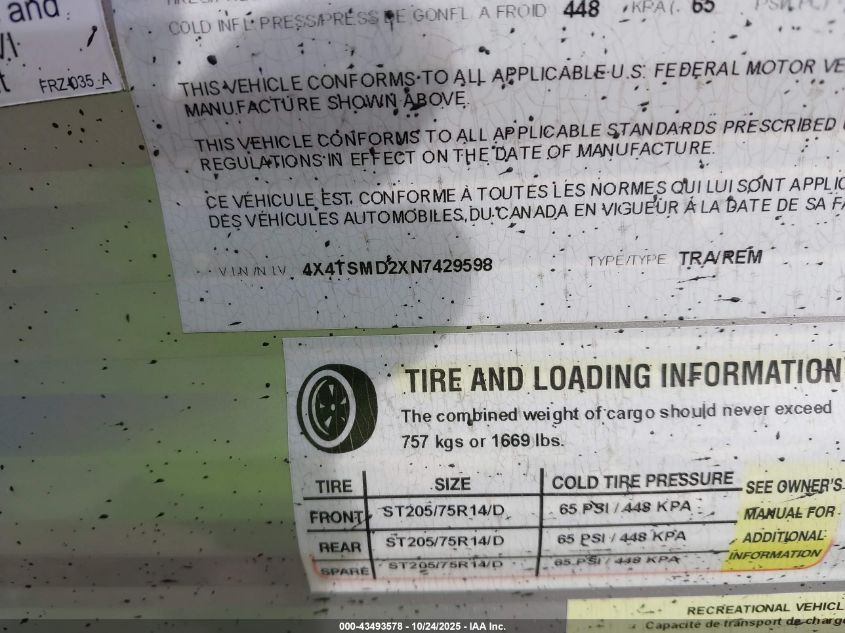 2022 Salem Forest River VIN: 4X4TSMD2XN7429598 Lot: 43493578