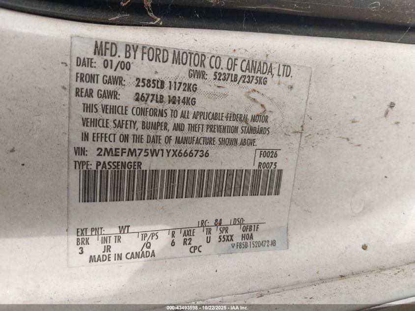 2000 Mercury Grand Marquis Ls VIN: 2MEFM75W1YX666736 Lot: 43493598