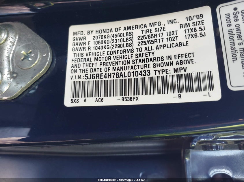 5J6RE4H78AL010433 2010 HONDA CR-V photo no. 9