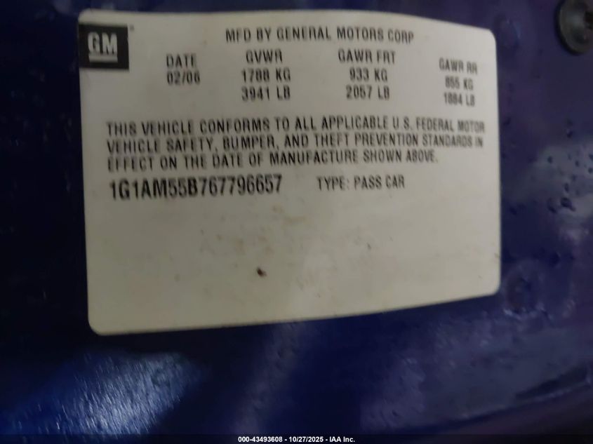2006 Chevrolet Cobalt Ss VIN: 1G1AM55B767796657 Lot: 43493608