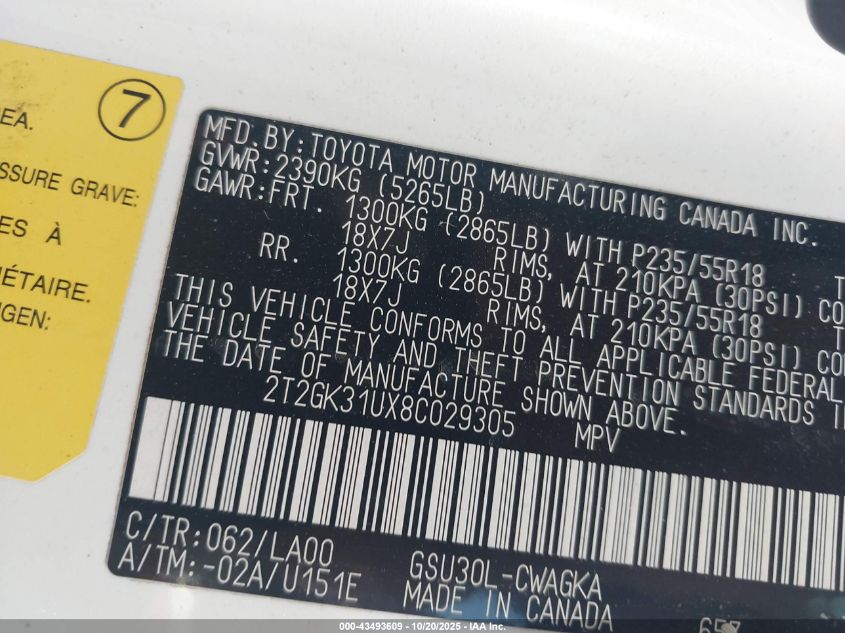 2008 Lexus Rx 350 VIN: 2T2GK31UX8C029305 Lot: 43493609