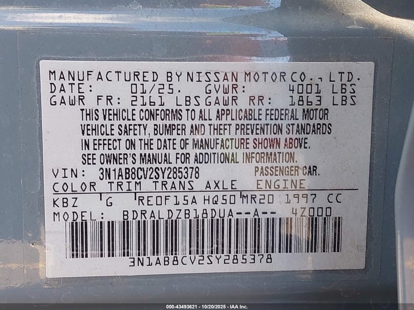 2025 NISSAN SENTRA SV 3N1AB8CV2SY285378