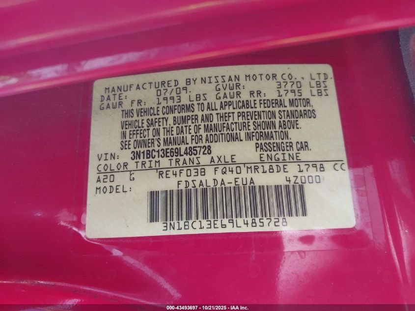 2009 Nissan Versa 1.8S VIN: 3N1BC13E69L485728 Lot: 43493697