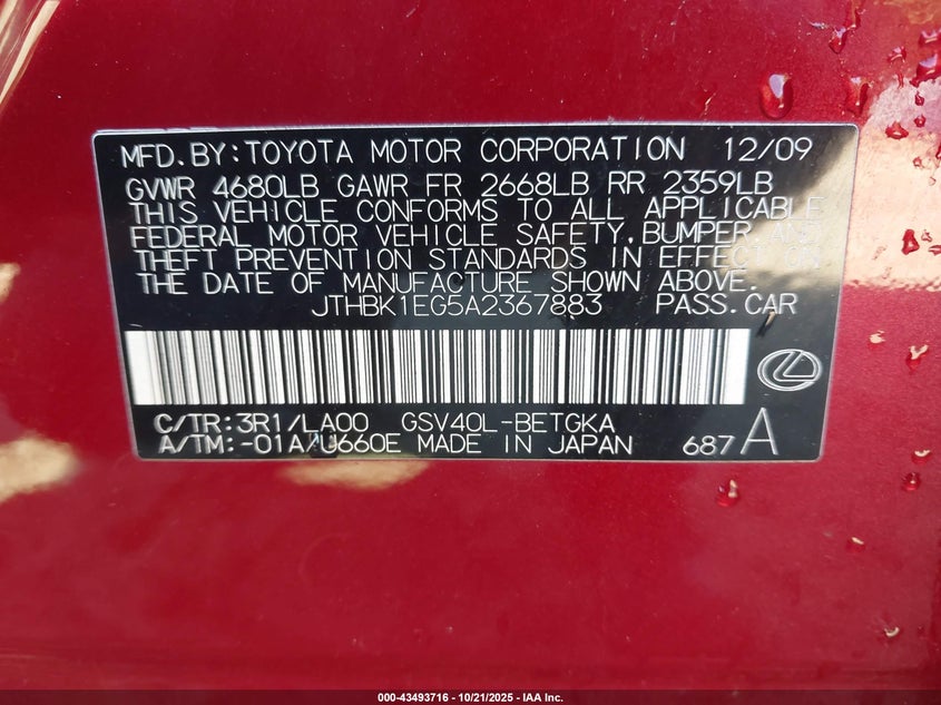 2010 Lexus Es 350 VIN: JTHBK1EG5A2367883 Lot: 43493716