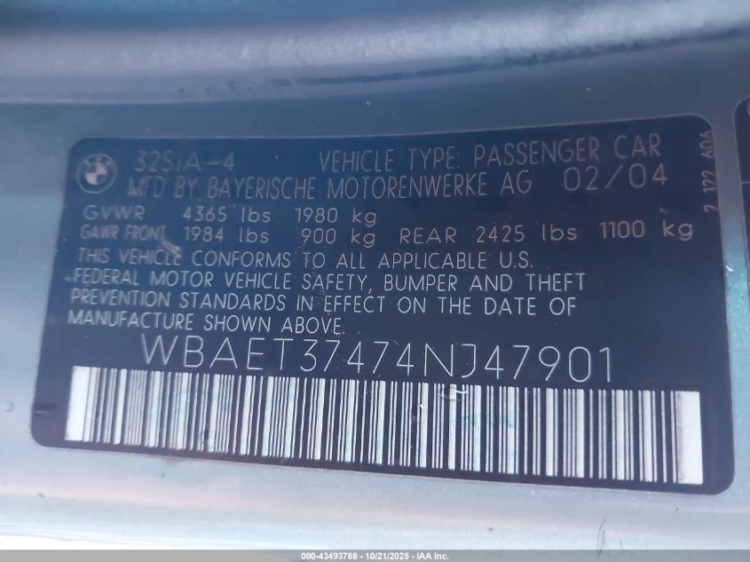 2004 BMW 325I VIN: WBAET37474NJ47901 Lot: 43493788