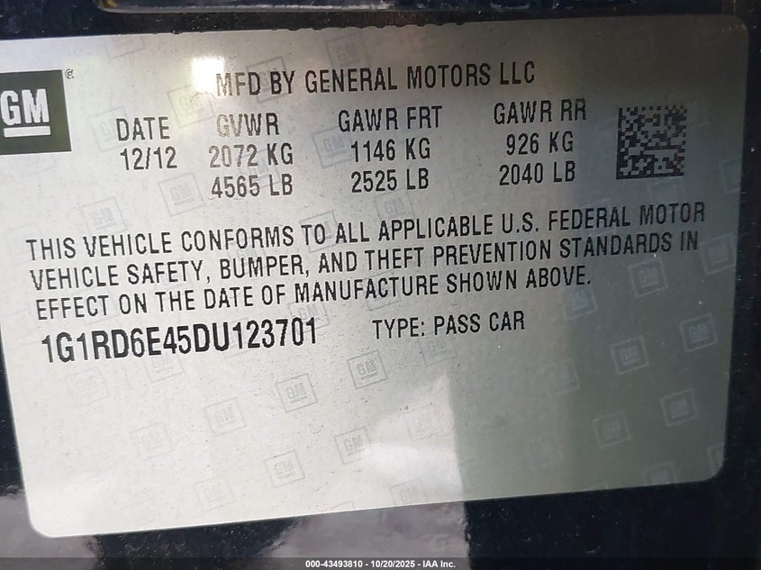 2013 CHEVROLET VOLT 1G1RD6E45DU123701