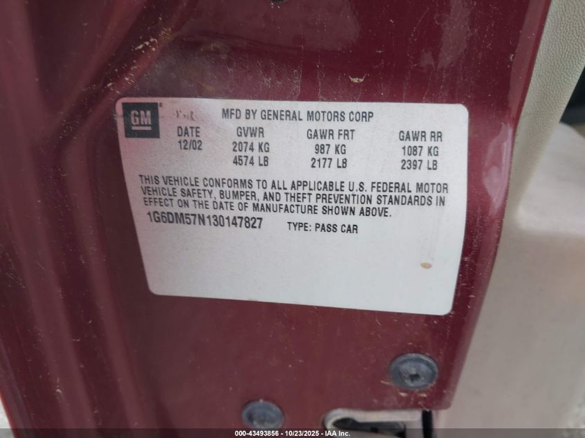 2003 Cadillac Cts Standard VIN: 1G6DM57N130147827 Lot: 43493856