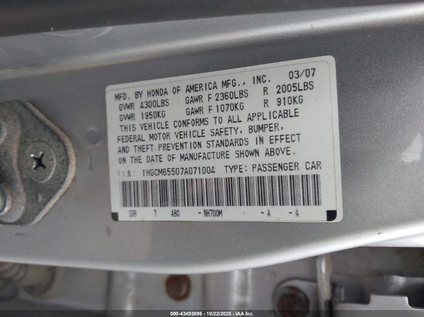 2007 Honda Accord 3.0 Ex VIN: 1HGCM65507A071004 Lot: 43493896