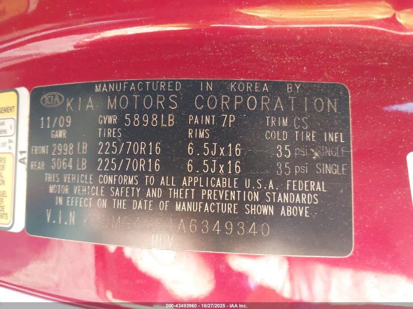 2010 Kia Sedona Lx VIN: KNDMG4C31A6349340 Lot: 43493960