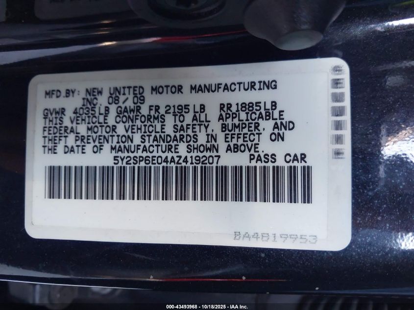 2010 Pontiac Vibe VIN: 5Y2SP6E04AZ419207 Lot: 43493968