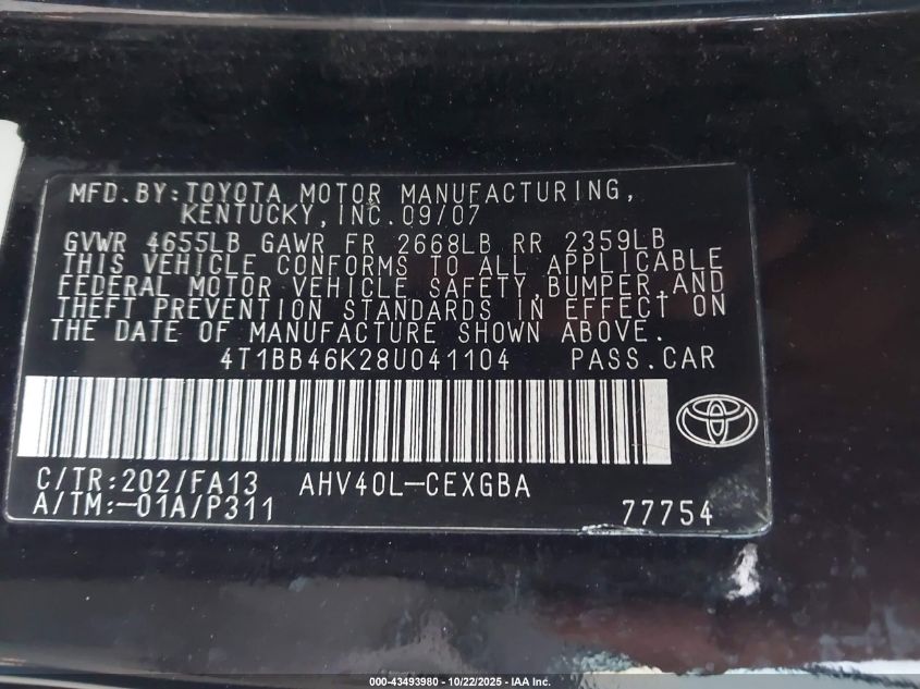 2008 Toyota Camry Hybrid VIN: 4T1BB46K28U041104 Lot: 43493980