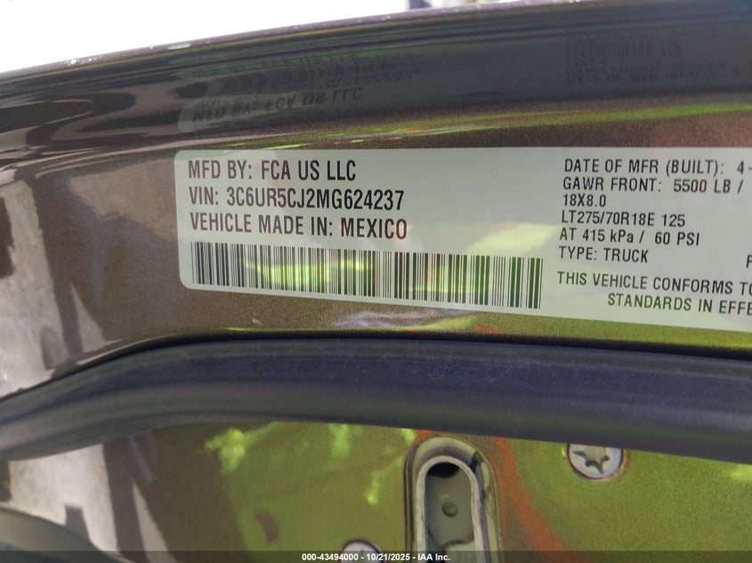 2021 RAM 2500 TRADESMAN  4X4 6'4 BOX 3C6UR5CJ2MG624237