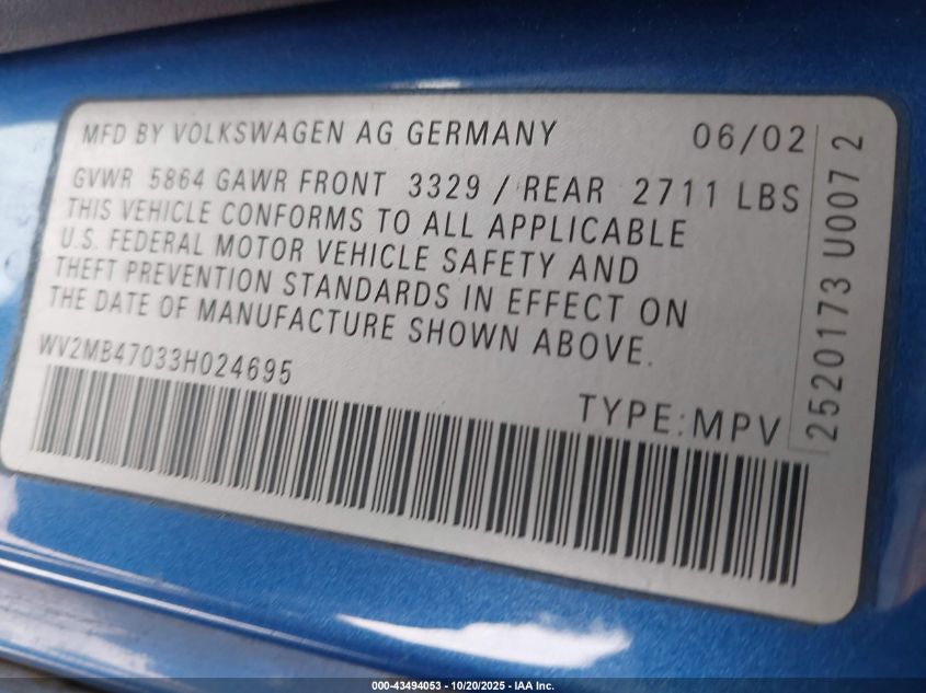 2003 Volkswagen Eurovan Mv VIN: WV2MB47033H024695 Lot: 43494053