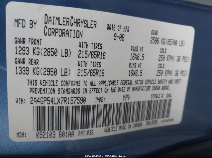 2007 Chrysler Town & Country Touring VIN: 2A4GP54LX7R157590 Lot: 43494093