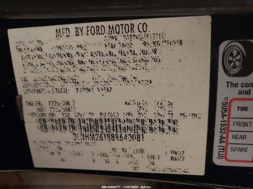 2008 Lincoln Mkz VIN: 3LNHM26T88R640081 Lot: 43494177