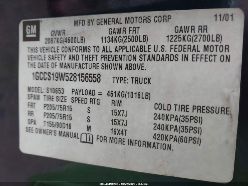 2002 Chevrolet S-10 Ls VIN: 1GCCS19W528156558 Lot: 43494233