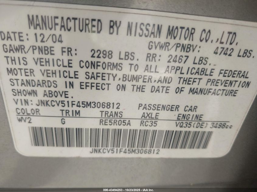 2005 Infiniti G35X VIN: JNKCV51F45M306812 Lot: 43494253