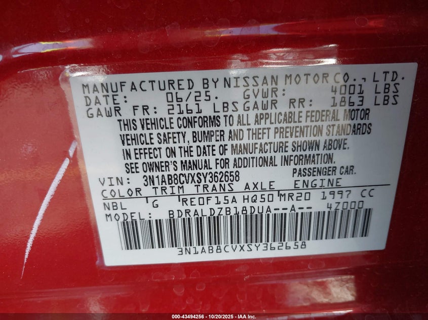 2025 NISSAN SENTRA SV 3N1AB8CVXSY362658