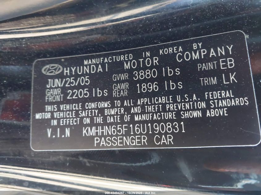 2006 Hyundai Tiburon Gt/Gt Limited/Se VIN: KMHHN65F16U190831 Lot: 43494257