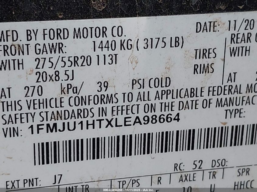 2020 Ford Expedition Xlt VIN: 1FMJU1HTXLEA98664 Lot: 43494258