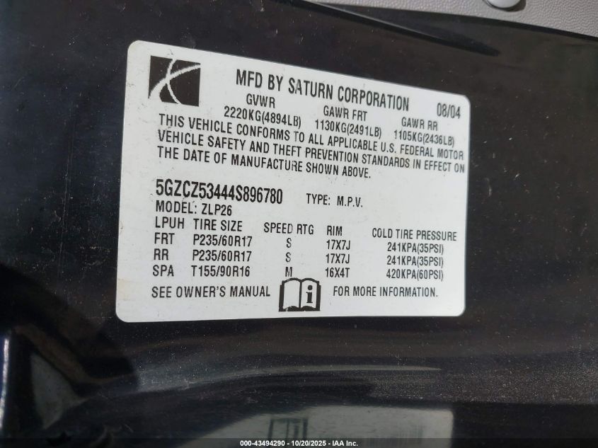 2004 Saturn Vue V6 VIN: 5GZCZ53444S896780 Lot: 43494290