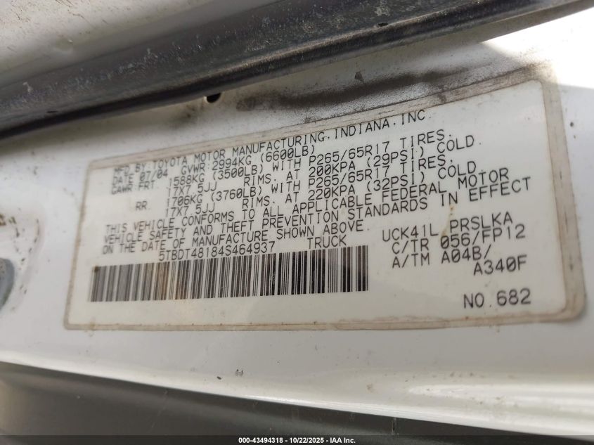 2004 Toyota Tundra Limited V8 VIN: 5TBDT48184S464937 Lot: 43494318