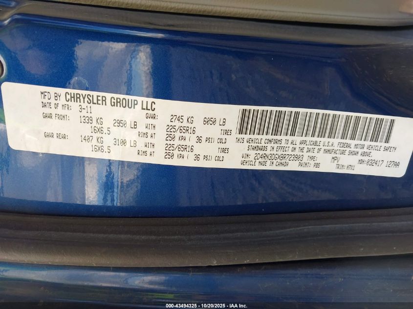 2011 Dodge Grand Caravan Mainstreet VIN: 2D4RN3DGXBR723903 Lot: 43494325